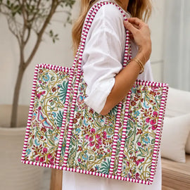 Quilted Cotton Tote - Magenta Floral & Palm Tree