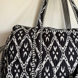 Quilted Cotton Duffel Bag-Black & White Ikat