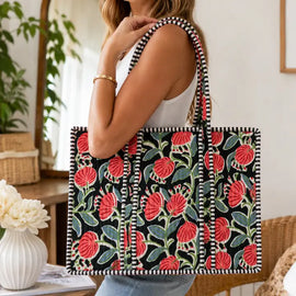 Quilted Cotton Tote-Black & Pink Floral Print