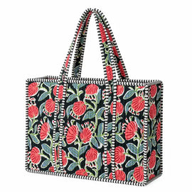 Quilted Cotton Tote-Black & Pink Floral Print