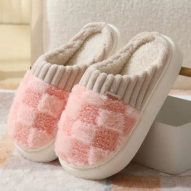 Checkered Fuzzy Slippers-Pink
